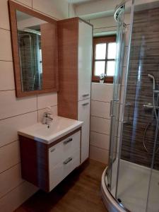 La salle de bains est pourvue d'un lavabo et d'une douche. dans l'établissement Holiday home in Semic Kranjska Krain 42896, à Semič