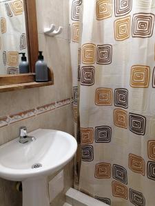 łazienka z umywalką i zasłoną prysznicową w obiekcie Popichi Hostel w mieście Villa de Leyva