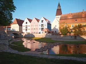 a group of buildings and a river in a city at Ferienwohnung Altmüüültal in Berching