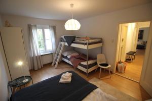 a small bedroom with a bunk bed and a ladder at Nice apartment with sun terrace in St. Gallen