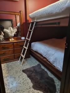 a ladder in a bedroom with a bed and a mirror at Odessa at leavers Hotel in Creswick