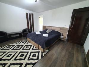 un dormitorio con una cama y una alfombra en Casa Arini Bellevue, en Vatra Dornei