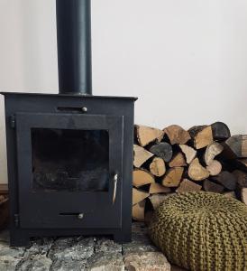 a wood stove sitting next to a pile of logs at Duplex Dent d'Oche in Bernex