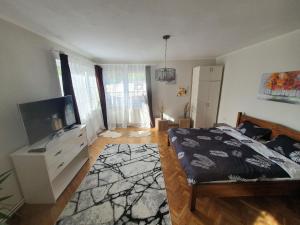 een slaapkamer met een bed en een flatscreen-tv bij Andrea apartman in Sfântu-Gheorghe