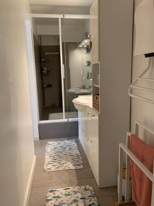 La salle de bains est pourvue d'une douche, d'un lavabo et d'un miroir. dans l'établissement Au fil de l’eau, à Saint-Gelais