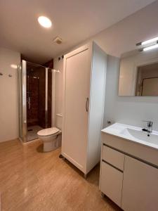 uma casa de banho com um WC, um lavatório e um chuveiro em TORREMOLINOS CENTRO - Beautiful , newly renovated 2 bedroom apartment em Torremolinos