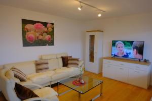 a living room with a couch and a flat screen tv at Ferienweingut Wissing Wohnung Theo in Gleiszellen-Gleishorbach