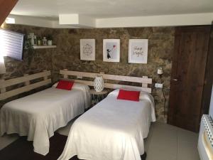 2 bedden met rode kussens in een kamer bij Casa Carola in Oia