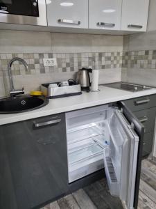 a kitchen with an open refrigerator and a sink at Porto Njeguši A2 in Cetinje