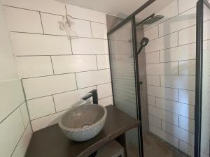 ein Badezimmer mit einem Steinwaschbecken und einer Dusche in der Unterkunft Saale-Residenz in Unterwellenborn