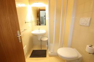 La petite salle de bains est pourvue de toilettes et d'un lavabo. dans l'établissement Appartamenti Pradalago Marilleva 900, à Marilleva