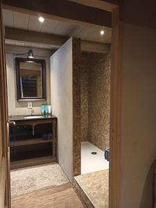 een badkamer met een spiegel en een wastafel in de kamer bij Terroir de Terrou in Marchastel