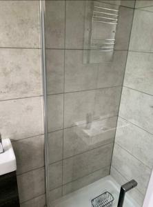 um chuveiro com uma porta de vidro e um lavatório em Basingstoke 1x Double bed and Sofa bed em Sherborne Saint John