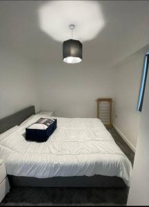 um quarto com uma cama branca e uma almofada em Basingstoke 1x Double bed and Sofa bed em Sherborne Saint John