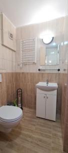a bathroom with a toilet and a sink at Ośrodek Wypoczynkowy Gwarek Ustronie Morskie in Ustronie Morskie