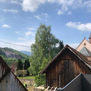 an old barn with a tree in the background at L Atypik à L ancienne forge in Muhlbach-sur-Munster