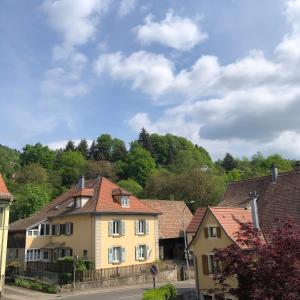 a group of houses in a town with trees at L Atypik à L ancienne forge in Muhlbach-sur-Munster