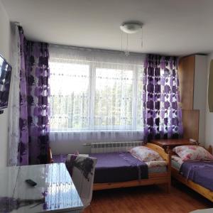 1 dormitorio con 2 camas y una ventana con cortinas moradas en IGLIKA 2 SNOWY NIGHT V18 en Borovets