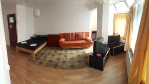 a living room with a couch and a tv at Lexington Apartments in Cluj-Napoca