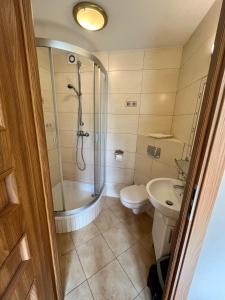 a bathroom with a shower and a toilet and a sink at Apartament Bryza, Willa Perla 100m od morza in Gdańsk