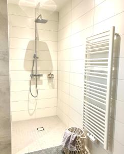 a white bathroom with a shower with a shower head at Freya Blue Ferienhaus in Weener