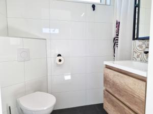 een witte badkamer met een toilet en een douche bij Vakantiewoning De kleine Vos MB02 in Middelburg