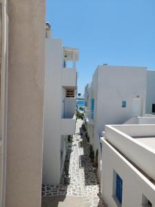 un vicolo tra due edifici bianchi con piante in vaso di Studio Tsakas a Naxos Chora