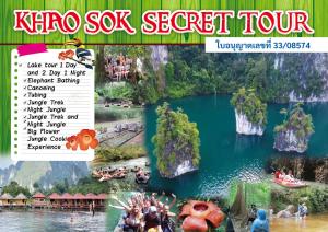 a page of a magazine with a picture of a lake at Khaosok Secret Hostel in Khao Sok
