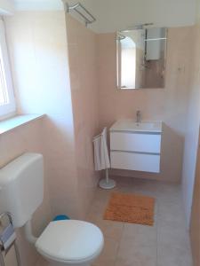 a bathroom with a white toilet and a sink at Apartment Zlata in Rab