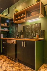 a kitchen with green cabinets and a sink at Le T.Green in La Gorgue