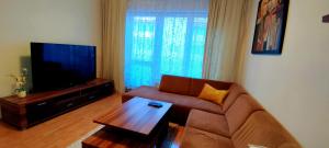 sala de estar con sofá, mesa y TV en 2 izbový byt 60m2 v centre na Bakossovej, 24h self checkin, en Banská Bystrica