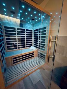Torre Maggiore的住宿－Eden Room&Spa，带淋浴和玻璃淋浴间的浴室