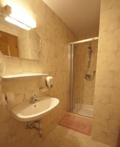 un bagno con lavandino e doccia di Haus Schlosskeller a Rattenberg Altre 37 foto