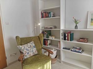 uma cadeira com uma almofada num quarto com estantes de livros em Ferienhaus Hägel em Bad Steben