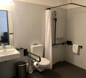a bathroom with a toilet and a sink and a shower at Giesserei in Arbon