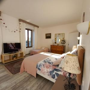 - une chambre avec un lit et une télévision dans l'établissement Domaine de Fontsauzine - gîtes et chambre d'hôtes, à Genouillé