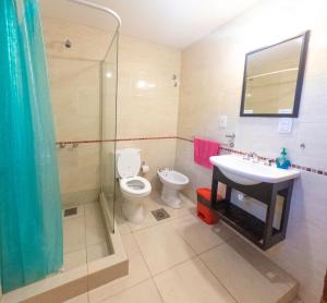 a bathroom with a toilet and a sink and a shower at Matices Hostel Terminal in El Calafate