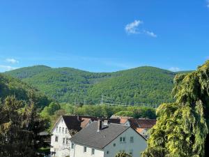 a small village with mountains in the background at Maharaja Ferienhaus in Hemfurth-Edersee
