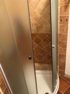 a shower with a glass door in a bathroom at Romantic studio old town in Vrsar
