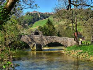 a stone bridge over a river in a field at Au bord de Seille in Nevy-sur-Seille