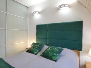 コウォブジェクにあるApartamenty Albatros KOSの緑のヘッドボードと枕2つが備わるベッドルーム1室が備わります。