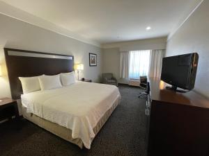 um quarto de hotel com uma cama e uma televisão de ecrã plano em La Quinta by Wyndham Houston West at Clay Road em Houston