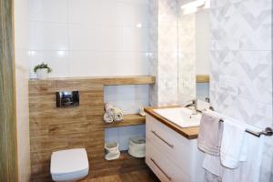 La salle de bains est pourvue d'un lavabo et de toilettes. dans l'établissement Luxury in City-4- Free Parking, à Łódź