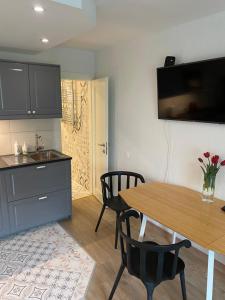 a kitchen with a table and chairs and a sink at Taikos 3 studio in Nida