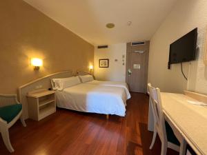 Habitación de hotel con cama y TV de pantalla plana. en Hotel Lleó, en Barcelona