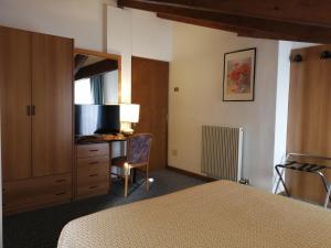 a bedroom with a bed and a desk and a chair at Albergo Stella Alpina in Molveno