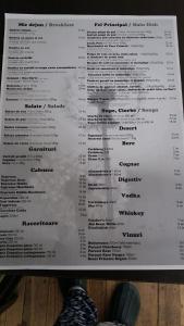 une personne propose un menu pour un restaurant dans l'établissement Pensiunea Bia Papadia, à Bicaz