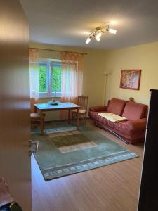 een woonkamer met een bank en een tafel bij Ferienwohnung Pupavac in Bad Frankenhausen