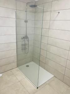 La salle de bains est pourvue d'une douche avec une porte en verre. dans l'établissement VILLA CORNELIE, à Cayenne