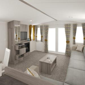 a living room with a couch and a tv at The Dram Van - Beautiful, luxury static caravan in Aberlour